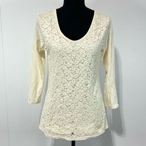 Merona Ivory Lace Overlay 3/4 Sleeve Top Women’s M Metallic Gold Shimmer Detail